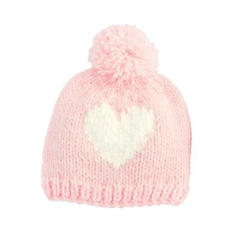 Mud Pie Girls Pink Knit Winter Pompom Hat With White Heart 6-18 mos.